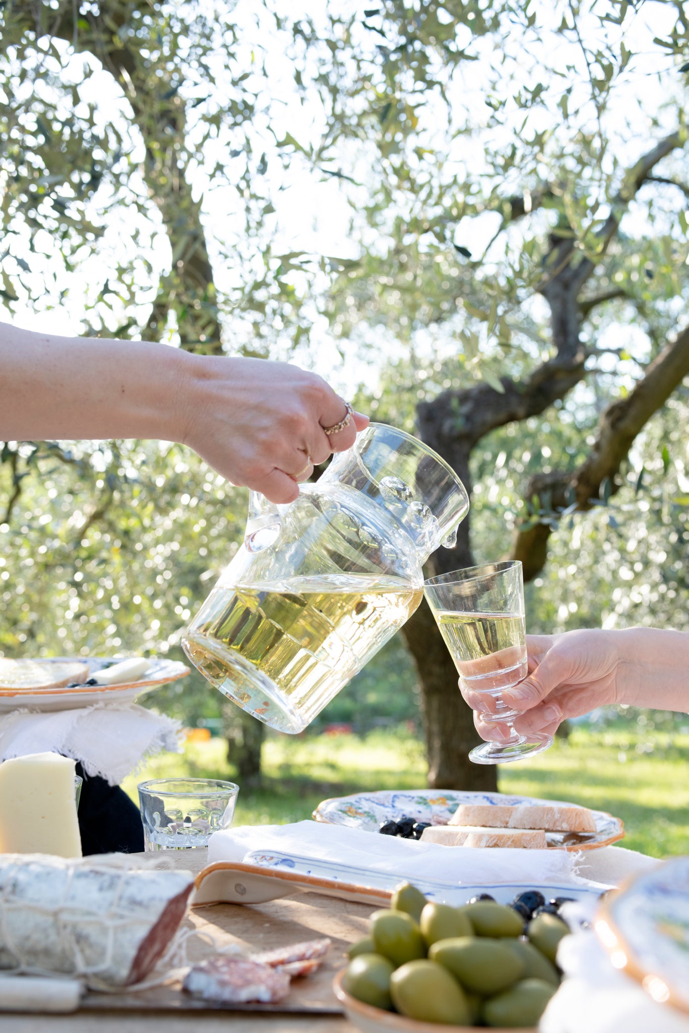 table olives aperitivo appetizers plates ceramics artisan countryside olive grove carafe glass white wine