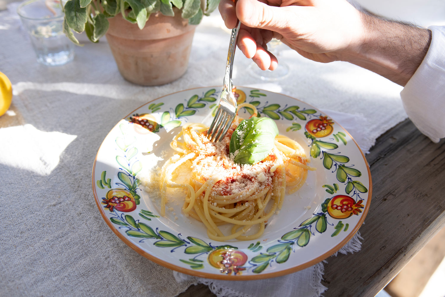 pasta plates glasses tomato sauce ceramics artisan sage countryside tuscany