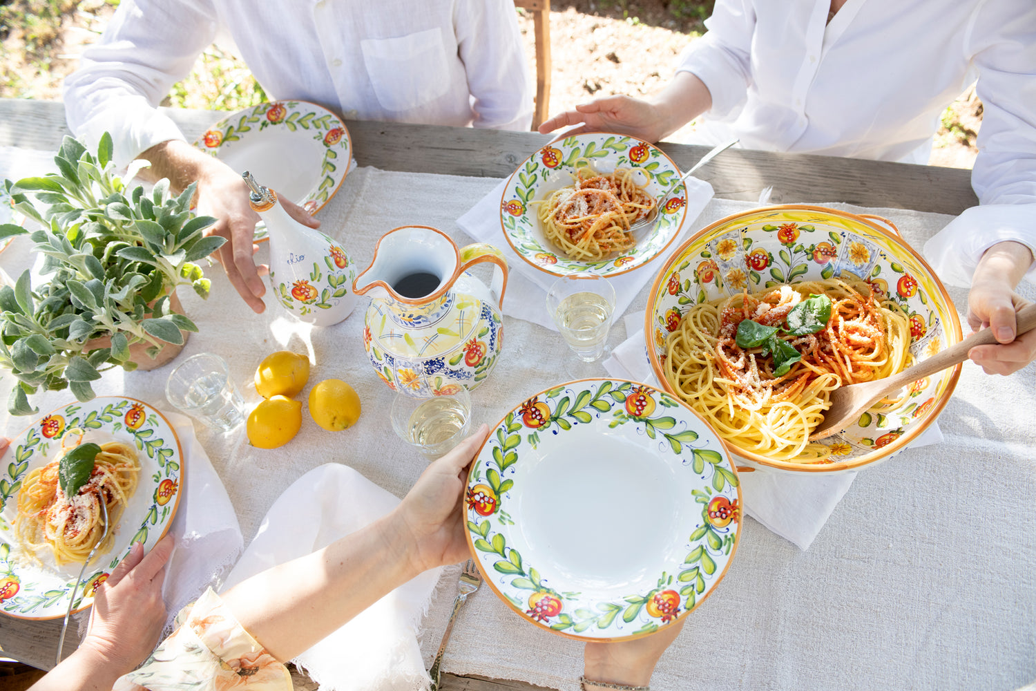 pasta plates glasses tomato sauce ceramics artisan sage countryside tuscany