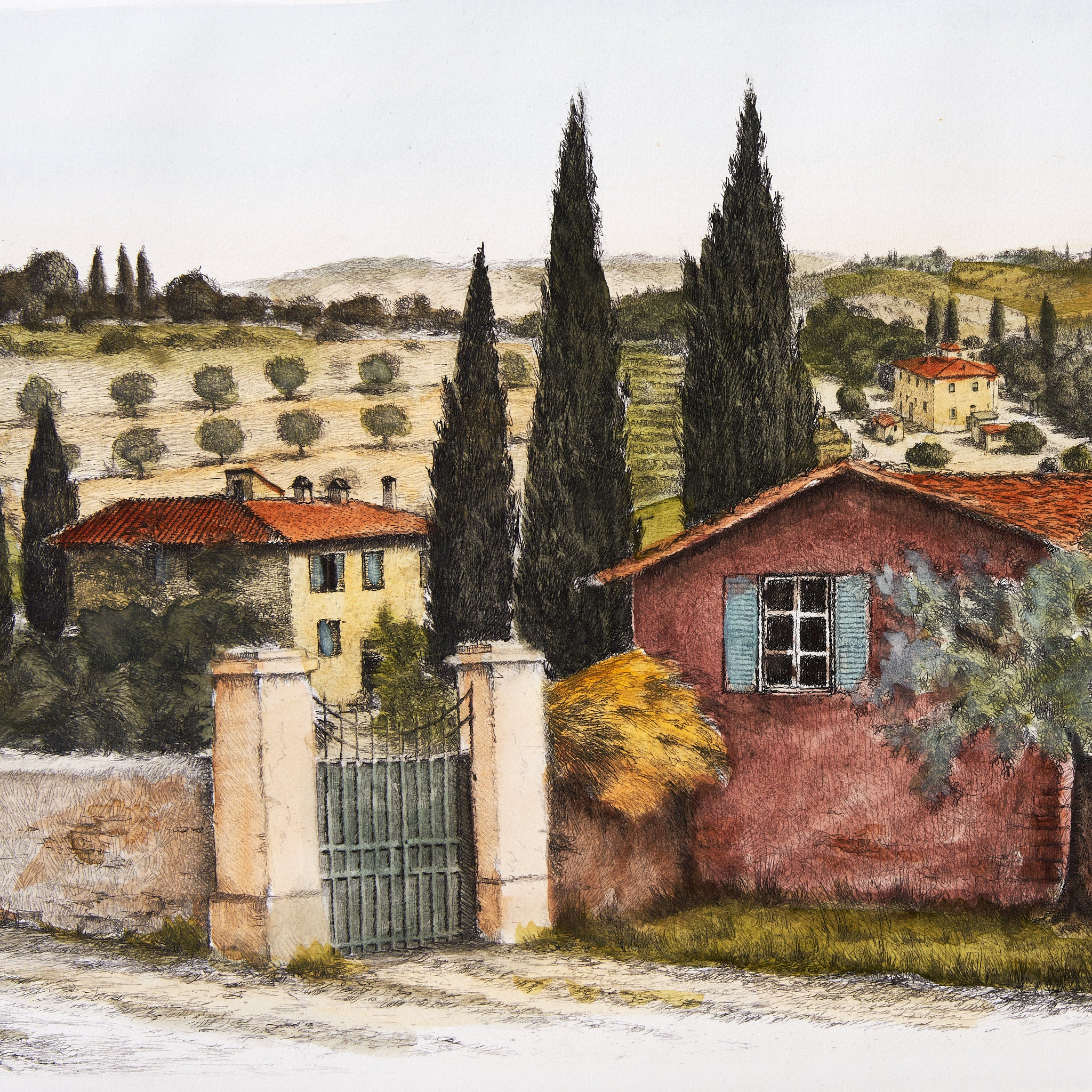 ippogrifo-artisan-etching-acquaforte-watercolor-villa-with-gate