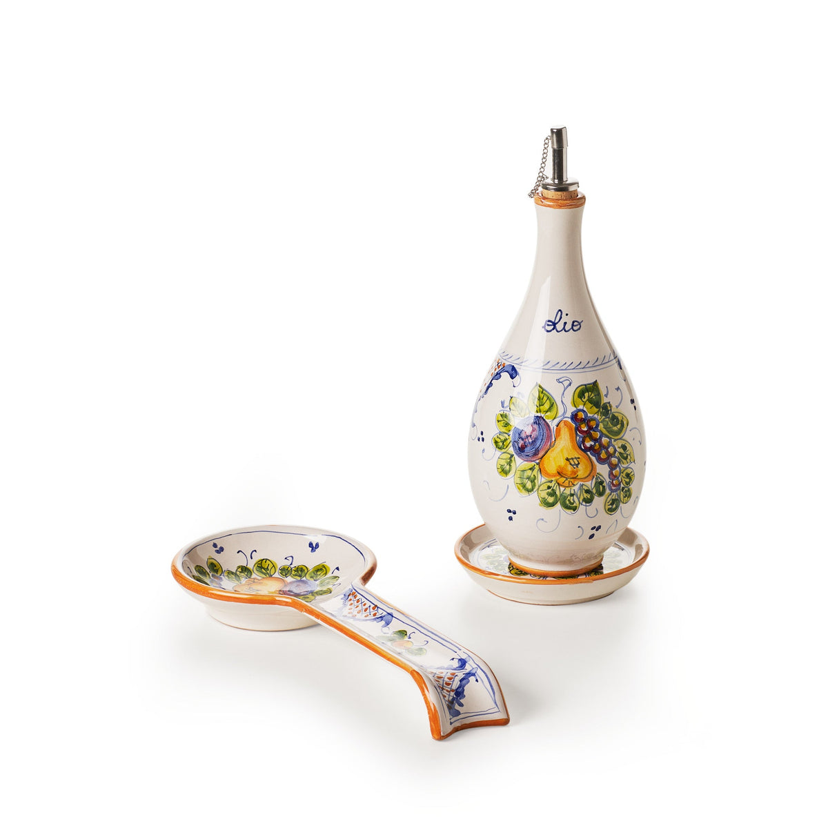 sbigoli-ceramics-pottery-oil-bottle-saucer-spoon-holder-set-autunno-autumn