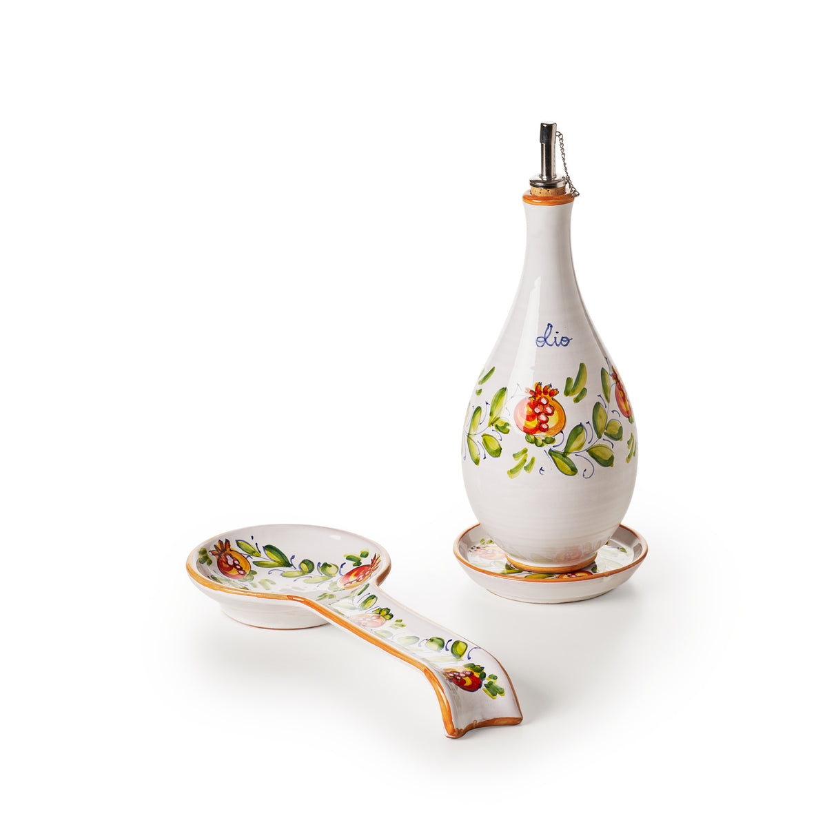 sbigoli-ceramics-pottery-oil-bottle-saucer-spoon-holder-set-pomegranates