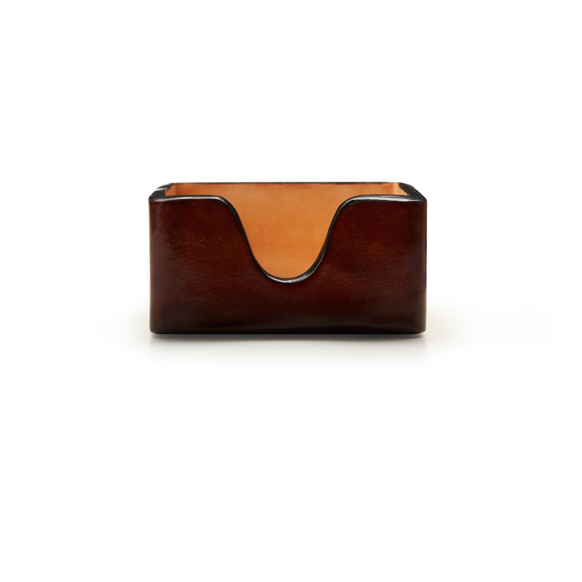 Front view of rich dark brown small leather business card holder
