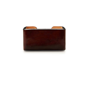 Back view of rich deep brown handmade leather business card holder